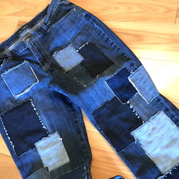 Upcycled Patchwork Jeans: Denim on Denim Patched Boho Hippie Jeans, Size 12M - Picture 4 of 13